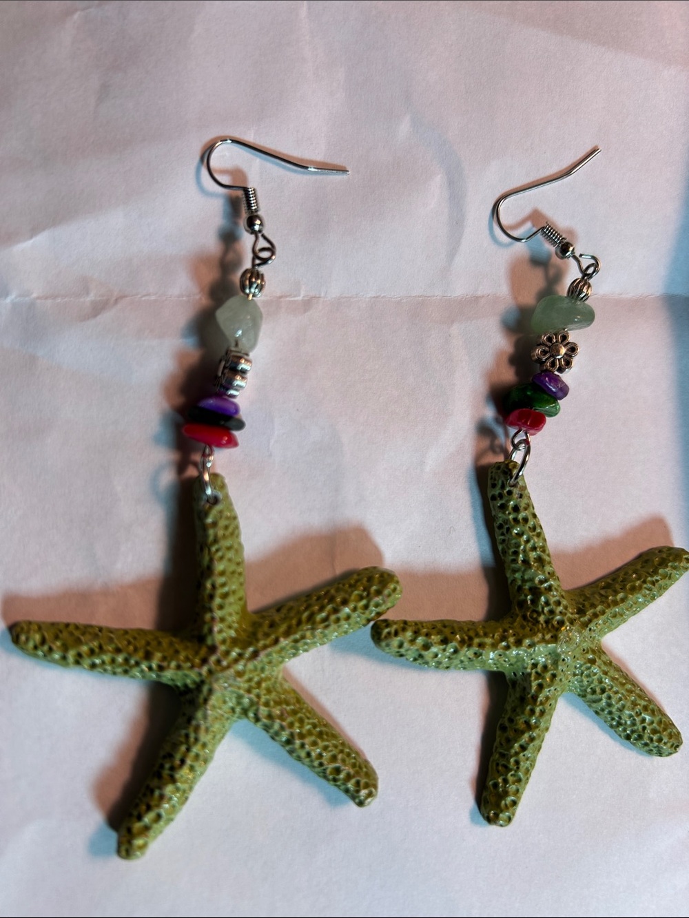 Green Starfish Drop Earrings with Multicolor Beads